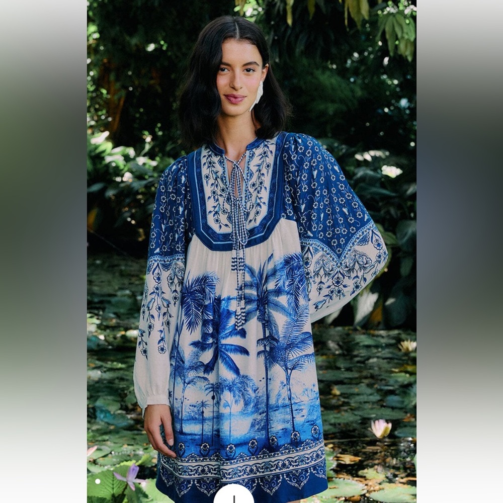 FARM Rio Blue and White Palm Tree Mini Dress New with tags